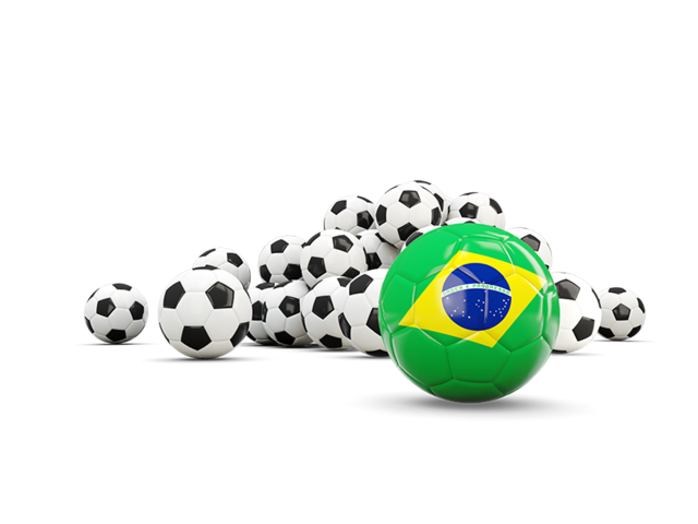 Флаг на фоне футбольных мячей. Скачать флаг. Бразилия