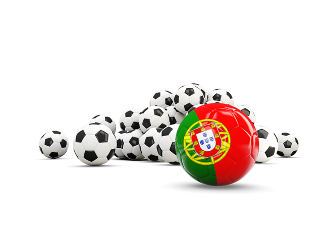 Флаг на фоне футбольных мячей. Скачать флаг. Португалия