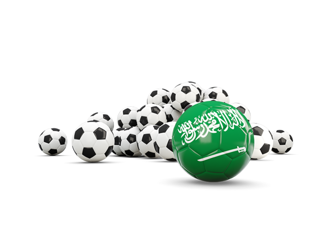 Флаг на фоне футбольных мячей. Скачать флаг. Саудовская Аравия