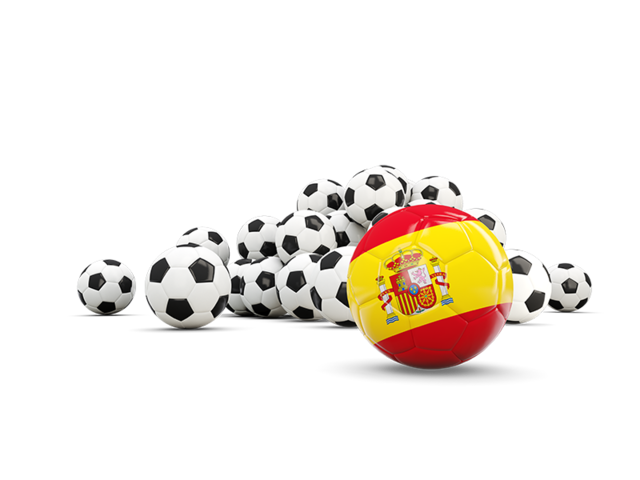 Флаг на фоне футбольных мячей. Скачать флаг. Испания
