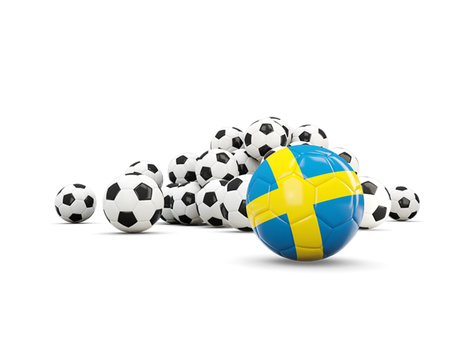 Флаг на фоне футбольных мячей. Скачать флаг. Швеция