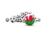 Wales. Flag in front of footballs. Download icon.