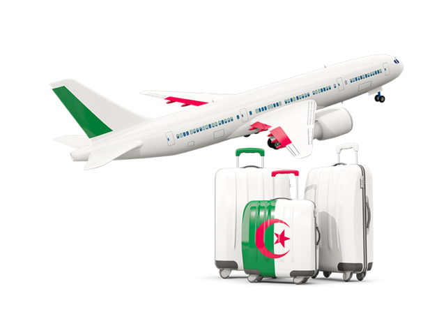 Luggage with airplane. Download flag icon of Algeria at PNG format