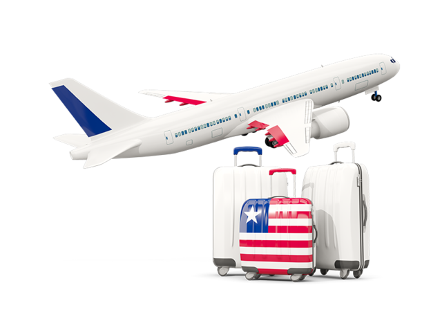 Багаж на фоне самолета. Скачать флаг. Либерия