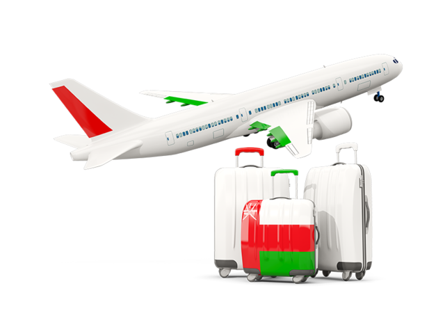 Luggage with airplane. Download flag icon of Oman at PNG format