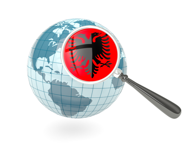 Флаг под увеличительным стеклом с голубым глобусом. Скачать флаг. Албания