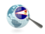 Американское Самоа. Флаг под увеличительным стеклом с голубым глобусом. Скачать иллюстрацию.