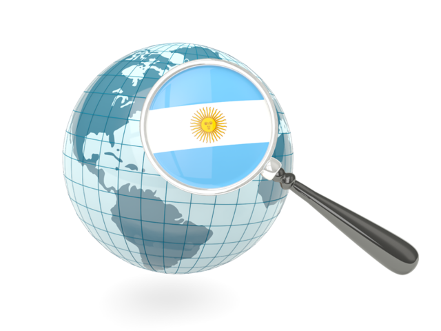 Флаг под увеличительным стеклом с голубым глобусом. Скачать флаг. Аргентина