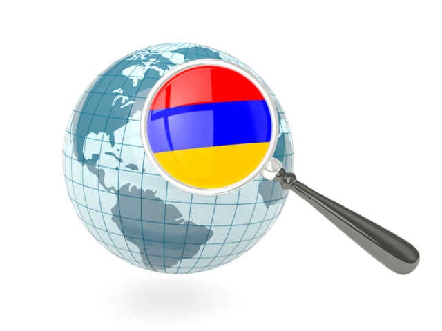 Флаг под увеличительным стеклом с голубым глобусом. Скачать флаг. Армения