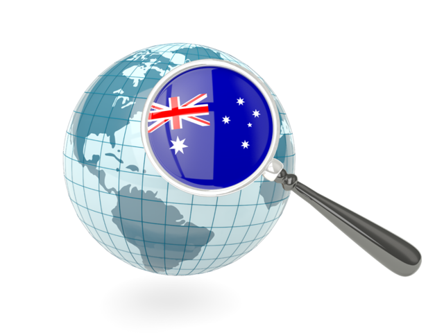 Флаг под увеличительным стеклом с голубым глобусом. Скачать флаг. Австралийский Союз