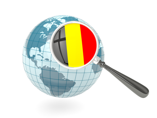Флаг под увеличительным стеклом с голубым глобусом. Скачать флаг. Бельгия