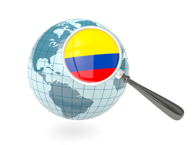 Флаг под увеличительным стеклом с голубым глобусом. Скачать флаг. Колумбия