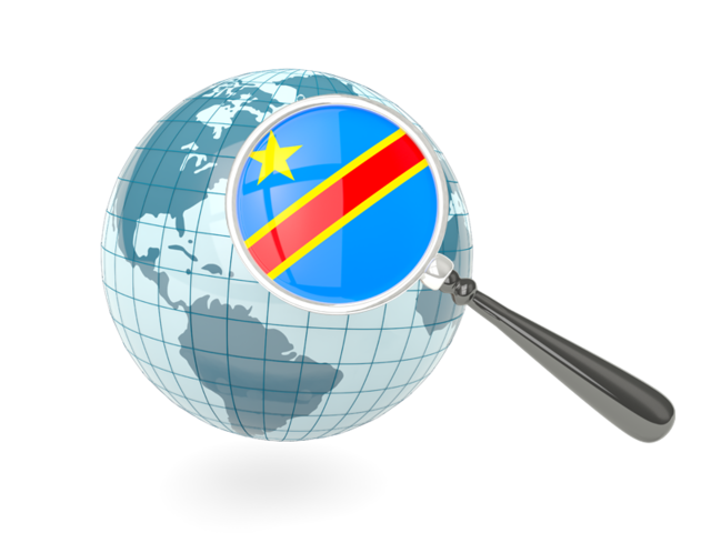 Флаг под увеличительным стеклом с голубым глобусом. Скачать флаг. Демократическая Республика Конго