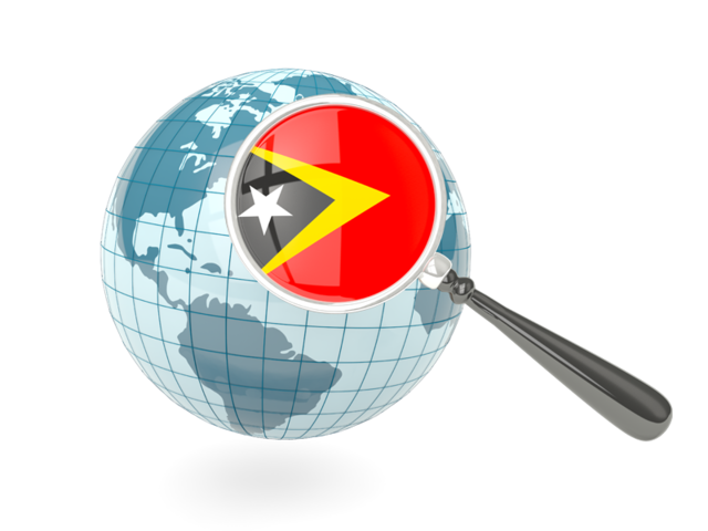Флаг под увеличительным стеклом с голубым глобусом. Скачать флаг. Восточный Тимор