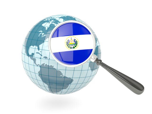 Флаг под увеличительным стеклом с голубым глобусом. Скачать флаг. Сальвадор