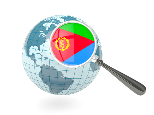 Флаг под увеличительным стеклом с голубым глобусом. Скачать флаг. Эритрея