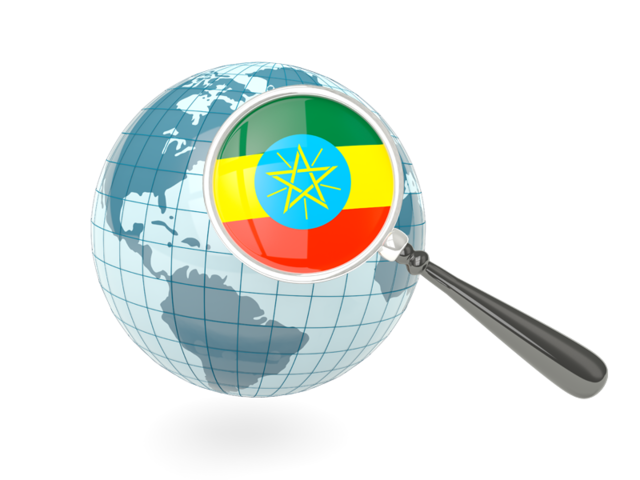 Флаг под увеличительным стеклом с голубым глобусом. Скачать флаг. Эфиопия