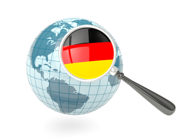 Флаг под увеличительным стеклом с голубым глобусом. Скачать флаг. Германия