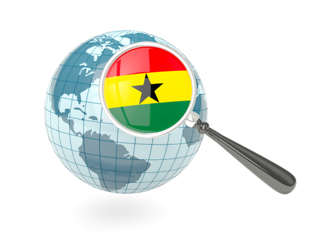 Флаг под увеличительным стеклом с голубым глобусом. Скачать флаг. Гана