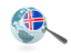 Iceland. Magnified flag with blue globe. Download icon.