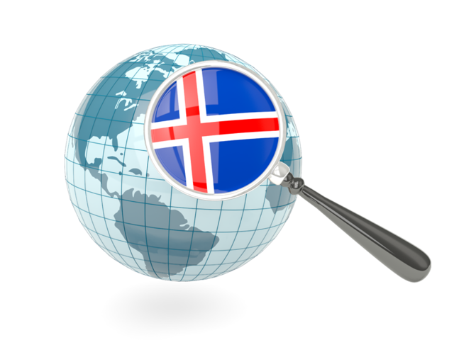 Флаг под увеличительным стеклом с голубым глобусом. Скачать флаг. Исландия