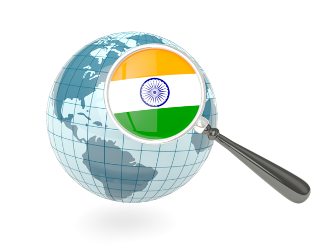 Флаг под увеличительным стеклом с голубым глобусом. Скачать флаг. Индия