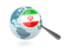 Iran. Magnified flag with blue globe. Download icon.