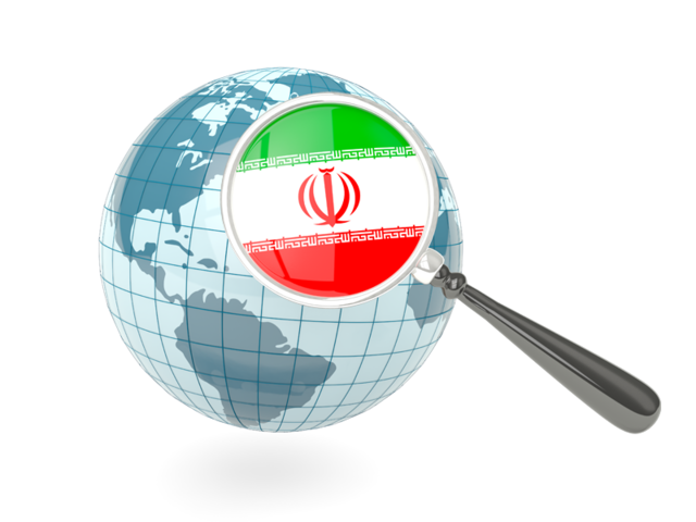 Флаг под увеличительным стеклом с голубым глобусом. Скачать флаг. Иран