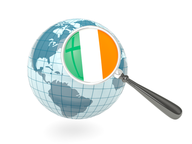 Флаг под увеличительным стеклом с голубым глобусом. Скачать флаг. Ирландия