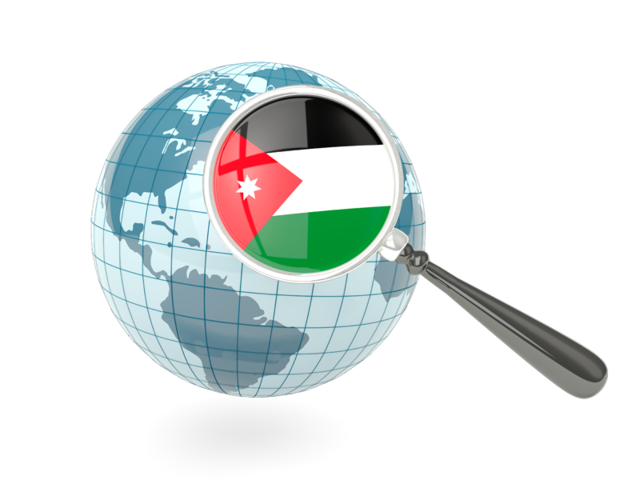 Флаг под увеличительным стеклом с голубым глобусом. Скачать флаг. Иордания