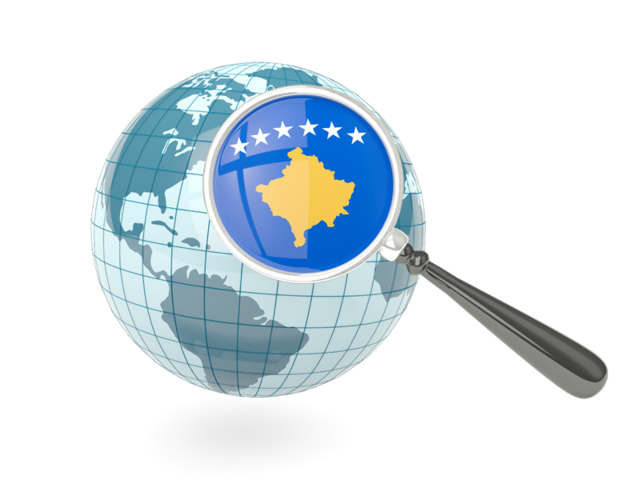 Флаг под увеличительным стеклом с голубым глобусом. Скачать флаг. Косово