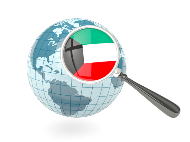 Флаг под увеличительным стеклом с голубым глобусом. Скачать флаг. Кувейт
