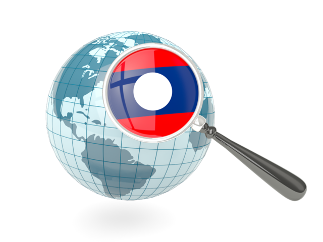 Флаг под увеличительным стеклом с голубым глобусом. Скачать флаг. Лаос