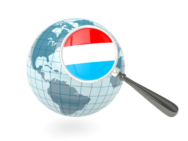 Флаг под увеличительным стеклом с голубым глобусом. Скачать флаг. Люксембург