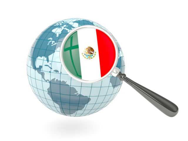 Флаг под увеличительным стеклом с голубым глобусом. Скачать флаг. Мексика