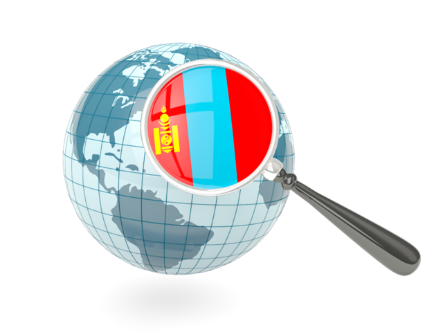 Флаг под увеличительным стеклом с голубым глобусом. Скачать флаг. Монголия