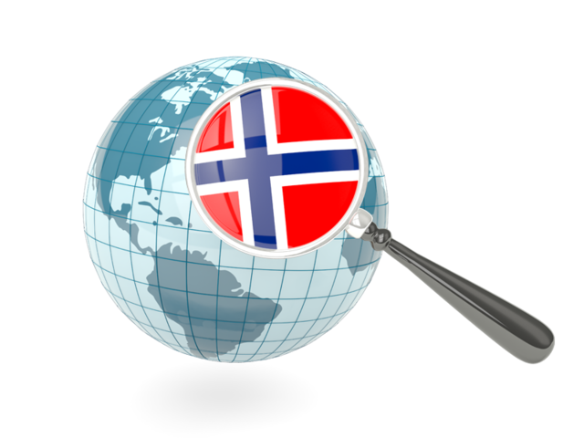 Флаг под увеличительным стеклом с голубым глобусом. Скачать флаг. Норвегия