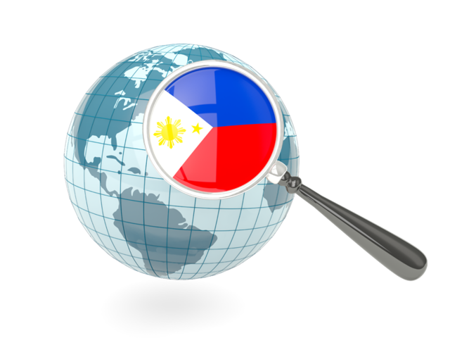 Флаг под увеличительным стеклом с голубым глобусом. Скачать флаг. Филиппины