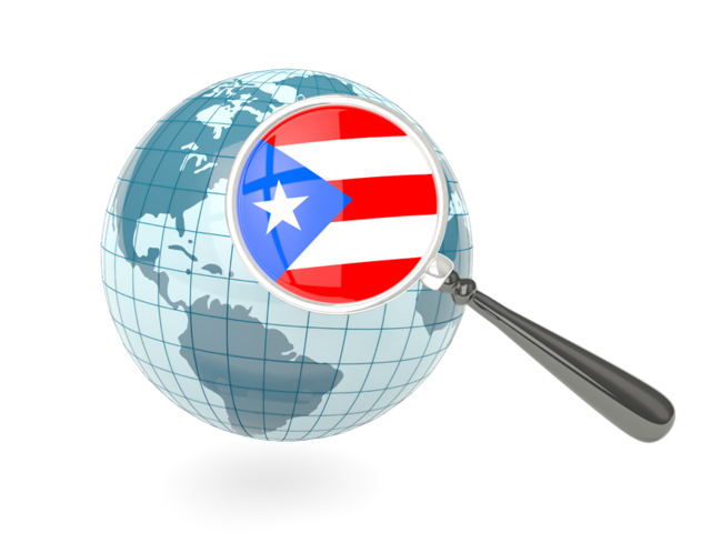 Флаг под увеличительным стеклом с голубым глобусом. Скачать флаг. Пуэрто-Рико