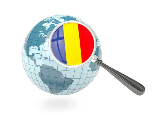 Флаг под увеличительным стеклом с голубым глобусом. Скачать флаг. Румыния