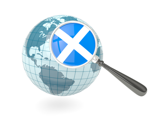Флаг под увеличительным стеклом с голубым глобусом. Скачать флаг. Шотландия