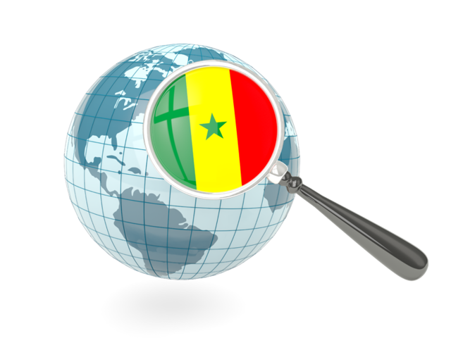 Флаг под увеличительным стеклом с голубым глобусом. Скачать флаг. Сенегал
