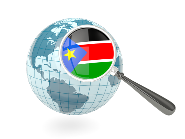 Флаг под увеличительным стеклом с голубым глобусом. Скачать флаг. Южный Судан
