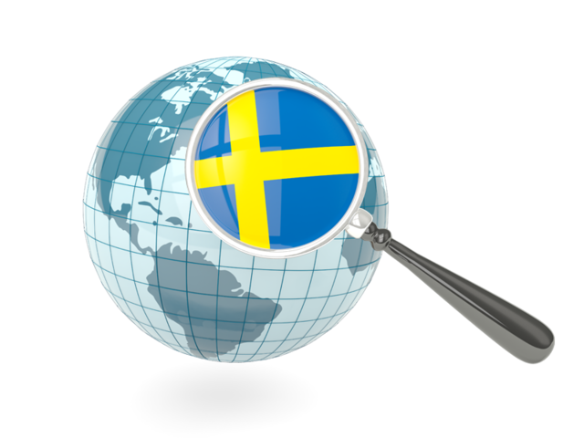 Флаг под увеличительным стеклом с голубым глобусом. Скачать флаг. Швеция
