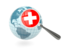 Switzerland. Magnified flag with blue globe. Download icon.