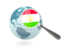 Таджикистан. Флаг под увеличительным стеклом с голубым глобусом. Скачать иконку.