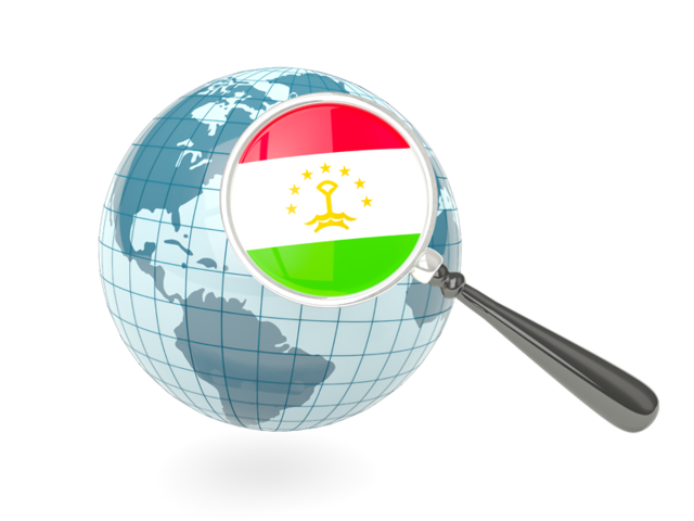 Флаг под увеличительным стеклом с голубым глобусом. Скачать флаг. Таджикистан