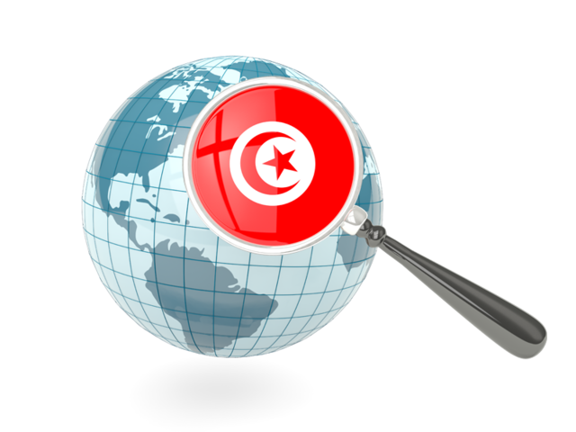 Флаг под увеличительным стеклом с голубым глобусом. Скачать флаг. Тунис