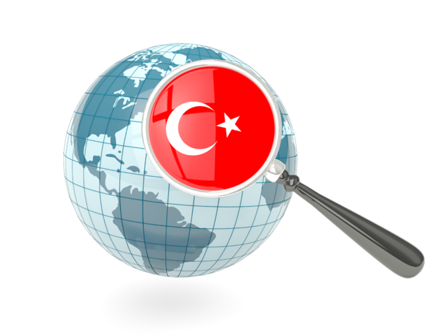 Флаг под увеличительным стеклом с голубым глобусом. Скачать флаг. Турция