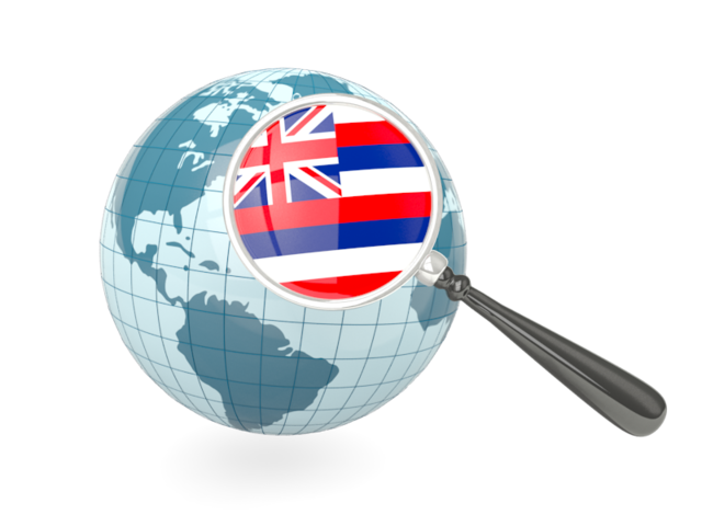 Флаг под увеличительным стеклом с голубым глобусом. Загрузить иконку флага штата Гавайи